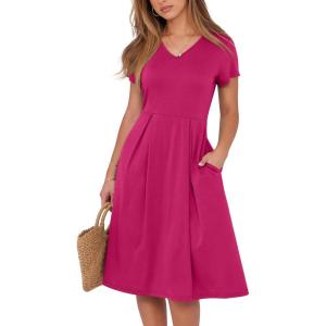 ANRABESS Women Summer Dress Casual Short Sleeve V Neck A-Line Knee Length Pleated Flowy 2025 Fashion Midi Dresses with Pocket(Hot Pink)