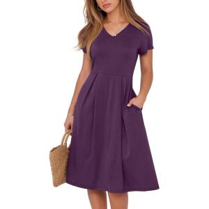 ANRABESS Women Summer Dress Casual Short Sleeve V Neck A-Line Knee Length Pleated Flowy 2025 Fashion Midi Dresses with Pocket(Purple)