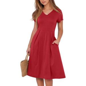 ANRABESS Women Summer Dress Casual Short Sleeve V Neck A-Line Knee Length Pleated Flowy 2025 Fashion Midi Dresses with Pocket(Red)