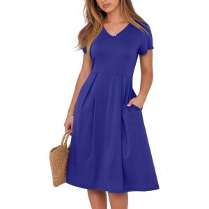 ANRABESS Women Summer Dress Casual Short Sleeve V Neck A-Line Knee Length Pleated Flowy 2025 Fashion Midi Dresses with Pocket(Royal Blue)