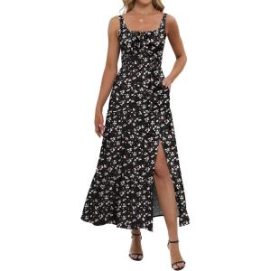 ANRABESS Women Summer Maxi Dress 2025 Square Neck Sleeveless Casual Boho Floral High Waist Slit Travel Vacation Sundress(Floral Black)