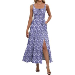 ANRABESS Women Summer Maxi Dress 2025 Square Neck Sleeveless Casual Boho Floral High Waist Slit Travel Vacation Sundress(Floral Blue)