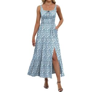 ANRABESS Women Summer Maxi Dress 2025 Square Neck Sleeveless Casual Boho Floral High Waist Slit Travel Vacation Sundress(Floral Lake Blue)