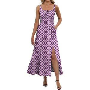 ANRABESS Women Summer Maxi Dress 2025 Square Neck Sleeveless Casual Boho Floral High Waist Slit Travel Vacation Sundress(Floral Purple)