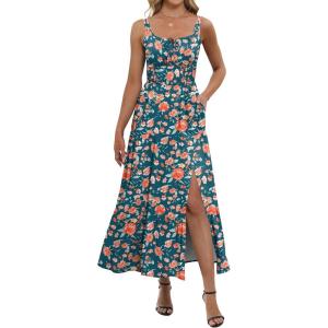 ANRABESS Women Summer Maxi Dress 2025 Square Neck Sleeveless Casual Boho Floral High Waist Slit Travel Vacation Sundress(Floral Teal)