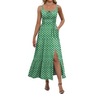 ANRABESS Women Summer Maxi Dress 2025 Square Neck Sleeveless Casual Boho Floral High Waist Slit Travel Vacation Sundress(Green Floral)