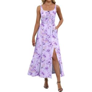 ANRABESS Women Summer Maxi Dress 2025 Square Neck Sleeveless Casual Boho Floral High Waist Slit Travel Vacation Sundress(Light Purple Floral)