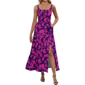 ANRABESS Women Summer Maxi Dress 2025 Square Neck Sleeveless Casual Boho Floral High Waist Slit Travel Vacation Sundress(Navy Hot Pink Floral)