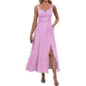 ANRABESS Women Summer Maxi Dress 2025 Square Neck Sleeveless Casual Boho Floral High Waist Slit Travel Vacation Sundress(Pink Purple Floral)