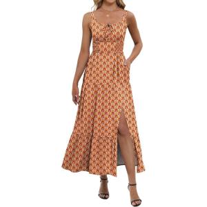 ANRABESS Women Summer Maxi Dress 2025 Square Neck Sleeveless Casual Boho Floral High Waist Slit Travel Vacation Sundress(Print Orange)