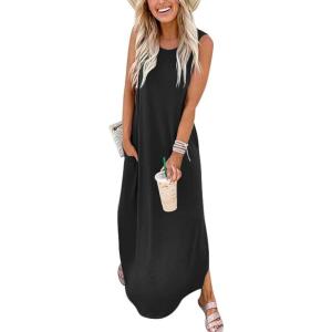ANRABESS Women Summer Maxi Dress Beach Vacation Sundress Sleeveless Casual Loose Shirt Dresses 2025 Travel Outfits(Black)