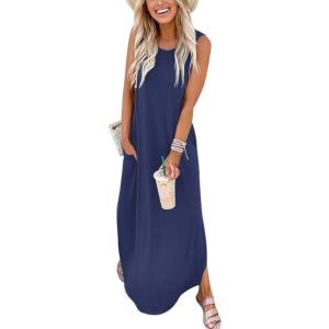 ANRABESS Women Summer Maxi Dress Beach Vacation Sundress Sleeveless Casual Loose Shirt Dresses 2025 Travel Outfits(Blue)