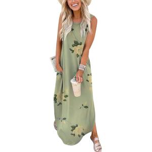 ANRABESS Women Summer Maxi Dress Beach Vacation Sundress Sleeveless Casual Loose Shirt Dresses 2025 Travel Outfits(Floral Pea Green)