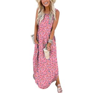 ANRABESS Women Summer Maxi Dress Beach Vacation Sundress Sleeveless Casual Loose Shirt Dresses 2025 Travel Outfits(Floral Pink)