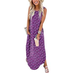 ANRABESS Women Summer Maxi Dress Beach Vacation Sundress Sleeveless Casual Loose Shirt Dresses 2025 Travel Outfits(Floral Purple)