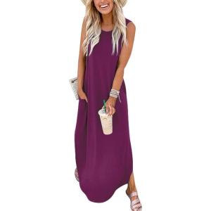 ANRABESS Women Summer Maxi Dress Beach Vacation Sundress Sleeveless Casual Loose Shirt Dresses 2025 Travel Outfits(Fuchsia)