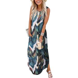 ANRABESS Women Summer Maxi Dress Beach Vacation Sundress Sleeveless Casual Loose Shirt Dresses 2025 Travel Outfits(Printed Leaves)