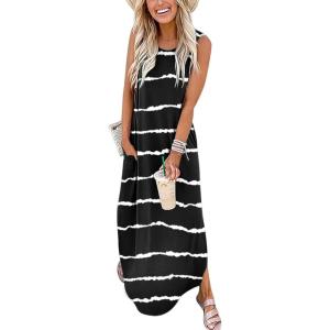 ANRABESS Women Summer Maxi Dress Beach Vacation Sundress Sleeveless Casual Loose Shirt Dresses 2025 Travel Outfits(Stripe Black White)