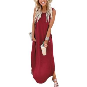ANRABESS Women Summer Maxi Dress Beach Vacation Sundress Sleeveless Casual Loose Shirt Dresses 2025 Travel Outfits(Winered)