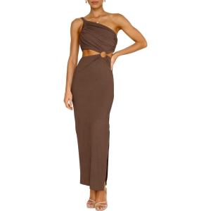 ANRABESS Women Summer One Shoulder Sleeveless Maxi Dress Cutout Sexy Bodycon Semi Formal Dinner Date Vacation Dresses(Coffee)