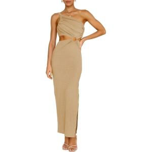 ANRABESS Women Summer One Shoulder Sleeveless Maxi Dress Cutout Sexy Bodycon Semi Formal Dinner Date Vacation Dresses(Khaki)