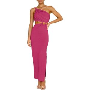 ANRABESS Women Summer One Shoulder Sleeveless Maxi Dress Cutout Sexy Bodycon Semi Formal Dinner Date Vacation Dresses(Rose)