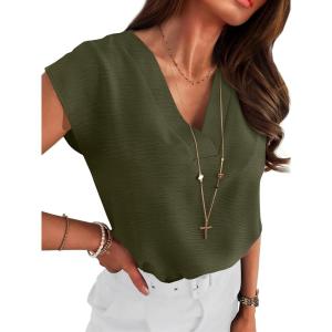 ANRABESS Women Tops Cap Sleeve Textured Dressy Casual V Neck Shirts 2025 Summer Business Work Blouses Outfits(Army Green)