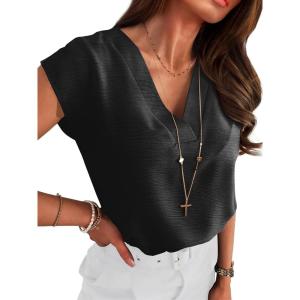 ANRABESS Women Tops Cap Sleeve Textured Dressy Casual V Neck Shirts 2025 Summer Business Work Blouses Outfits(Black)