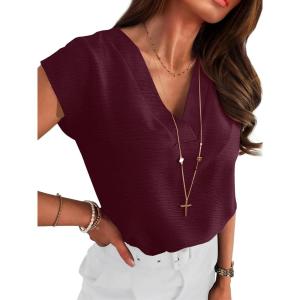 ANRABESS Women Tops Cap Sleeve Textured Dressy Casual V Neck Shirts 2025 Summer Business Work Blouses Outfits(Burgundy)