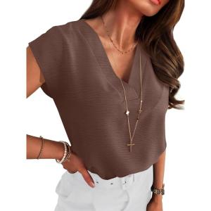 ANRABESS Women Tops Cap Sleeve Textured Dressy Casual V Neck Shirts 2025 Summer Business Work Blouses Outfits(Coffee)