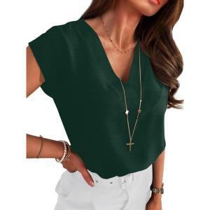 ANRABESS Women Tops Cap Sleeve Textured Dressy Casual V Neck Shirts 2025 Summer Business Work Blouses Outfits(Dark Green)