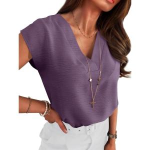 ANRABESS Women Tops Cap Sleeve Textured Dressy Casual V Neck Shirts 2025 Summer Business Work Blouses Outfits(Dark Purple)