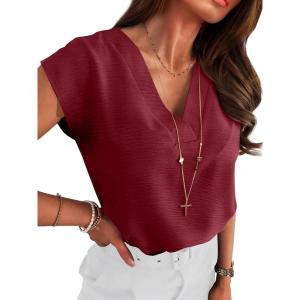 ANRABESS Women Tops Cap Sleeve Textured Dressy Casual V Neck Shirts 2025 Summer Business Work Blouses Outfits(Dark Red)