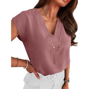 ANRABESS Women Tops Cap Sleeve Textured Dressy Casual V Neck Shirts 2025 Summer Business Work Blouses Outfits(Dusty Rose)