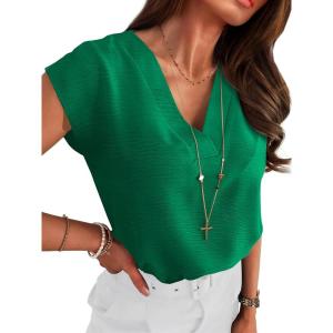 ANRABESS Women Tops Cap Sleeve Textured Dressy Casual V Neck Shirts 2025 Summer Business Work Blouses Outfits(Green)