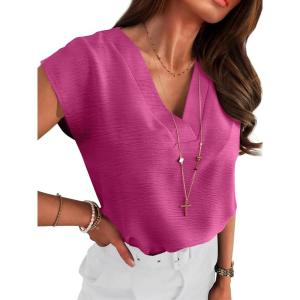 ANRABESS Women Tops Cap Sleeve Textured Dressy Casual V Neck Shirts 2025 Summer Business Work Blouses Outfits(Hot Pink)