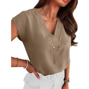ANRABESS Women Tops Cap Sleeve Textured Dressy Casual V Neck Shirts 2025 Summer Business Work Blouses Outfits(Khaki)