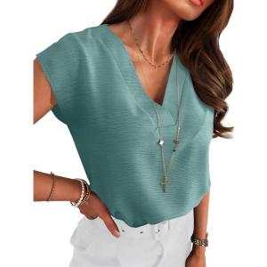 ANRABESS Women Tops Cap Sleeve Textured Dressy Casual V Neck Shirts 2025 Summer Business Work Blouses Outfits(Lake Blue)