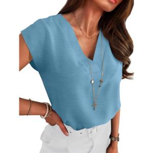 ANRABESS Women Tops Cap Sleeve Textured Dressy Casual V Neck Shirts 2025 Summer Business Work Blouses Outfits(Light Blue)