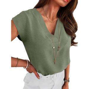 ANRABESS Women Tops Cap Sleeve Textured Dressy Casual V Neck Shirts 2025 Summer Business Work Blouses Outfits(Light Green)