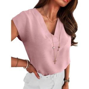 ANRABESS Women Tops Cap Sleeve Textured Dressy Casual V Neck Shirts 2025 Summer Business Work Blouses Outfits(Light Pink)
