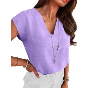 ANRABESS Women Tops Cap Sleeve Textured Dressy Casual V Neck Shirts 2025 Summer Business Work Blouses Outfits(Light Purple)