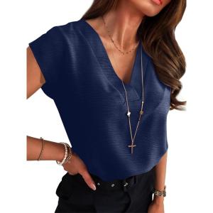 ANRABESS Women Tops Cap Sleeve Textured Dressy Casual V Neck Shirts 2025 Summer Business Work Blouses Outfits(Navy Blue)