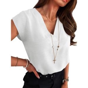 ANRABESS Women Tops Cap Sleeve Textured Dressy Casual V Neck Shirts 2025 Summer Business Work Blouses Outfits(White)