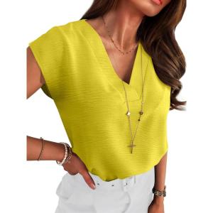 ANRABESS Women Tops Cap Sleeve Textured Dressy Casual V Neck Shirts 2025 Summer Business Work Blouses Outfits(Yellow)