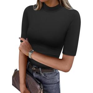 ANRABESS Women Tops Mock Neck 1/2 Short Sleeve Slim Fit Basic Tee Shirts Dressy Work Business 2025 Summer Fall Casual Outfits(Black)