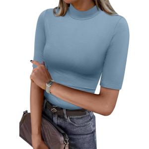 ANRABESS Women Tops Mock Neck 1/2 Short Sleeve Slim Fit Basic Tee Shirts Dressy Work Business 2025 Summer Fall Casual Outfits(Blue)