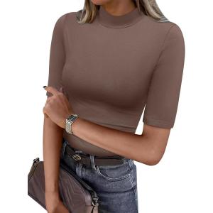 ANRABESS Women Tops Mock Neck 1/2 Short Sleeve Slim Fit Basic Tee Shirts Dressy Work Business 2025 Summer Fall Casual Outfits(Brown)