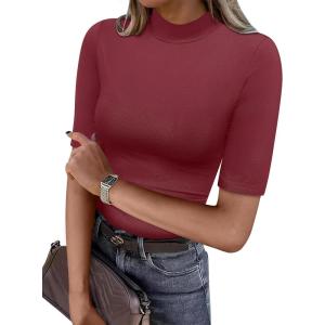 ANRABESS Women Tops Mock Neck 1/2 Short Sleeve Slim Fit Basic Tee Shirts Dressy Work Business 2025 Summer Fall Casual Outfits(Burgundy)