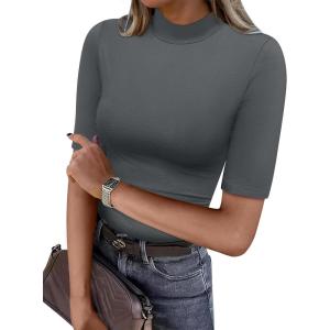 ANRABESS Women Tops Mock Neck 1/2 Short Sleeve Slim Fit Basic Tee Shirts Dressy Work Business 2025 Summer Fall Casual Outfits(Dark Gray)